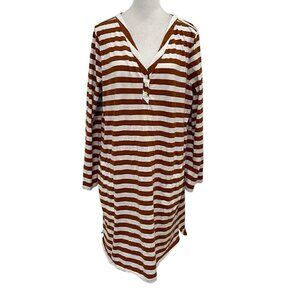 Garnet Hill Stripe V-Neck T-Shirt Dress Organic Cotton Brown White size XL